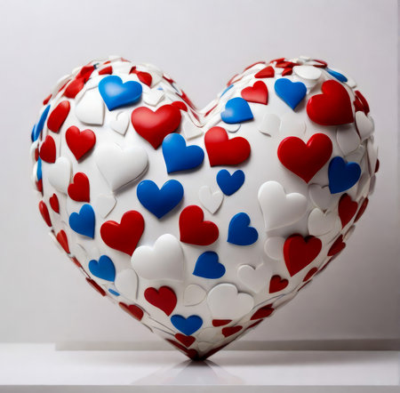 Red and blue hearts on a white background. Valentine's Day. created with the help of artificial intelligence technologiesの素材