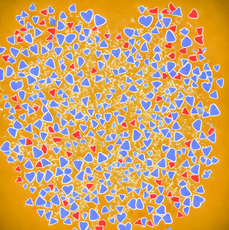 Heart made of small hearts on a yellow background. Vector illustration. created with the help of artificial intelligence technologiesの素材