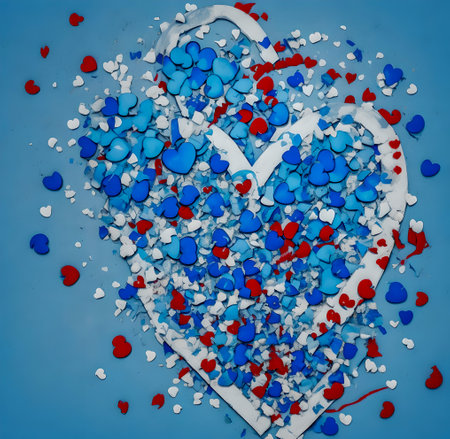 White and blue hearts on a blue background. 3d rendering created with the help of artificial intelligence technologiesの素材