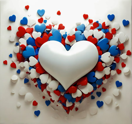 White heart with red and blue hearts on white background. 3d illustration created with the help of artificial intelligence technologiesの素材