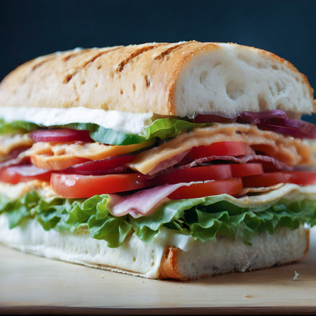 sandwich with ham, cheese and vegetables on a dark background. created with the help of artificial intelligence technologiesの素材