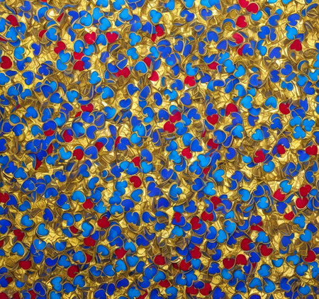 Gold and blue heart-shaped confetti on a red background. created with the help of artificial intelligence technologiesの素材