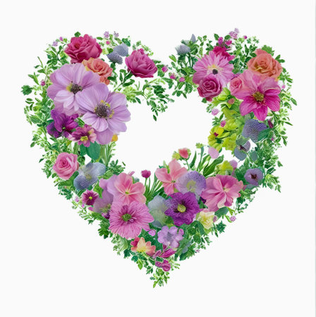 Beautiful spring flowers in heart shape isolated on white background. Watercolor illustration. created with the help of artificial intelligence technologiesの素材