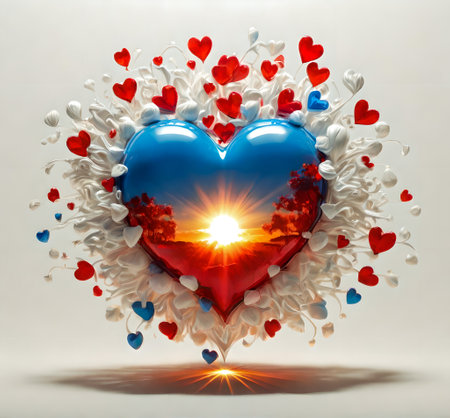 Red heart with white and blue hearts on a white background. 3d rendering created with the help of artificial intelligence technologiesの素材