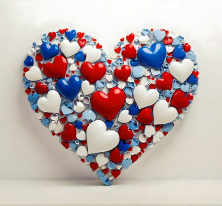 Red and blue hearts on a white background. 3d rendering. created with the help of artificial intelligence technologiesの素材