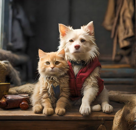 Red cat and white dog in a red jacket sit on a wooden table created with the help of artificial intelligence technologiesの素材