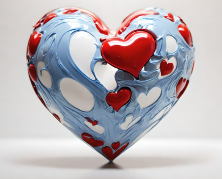 Red and blue heart on a white background. 3d rendering. created with the help of artificial intelligence technologiesの素材