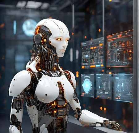 3D rendering of a female robot working in a virtual space. created with the help of artificial intelligence technologiesの素材