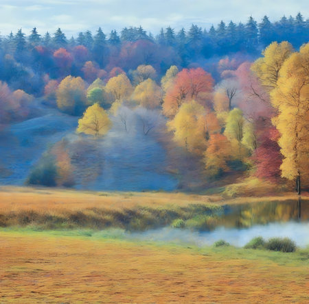 Autumn landscape with foggy forest and lake. Digital painting. created with the help of artificial intelligence technologiesの素材