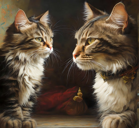 Two Maine Coon cats sitting in front of the window. Studio shot. created with the help of artificial intelligence technologiesの素材