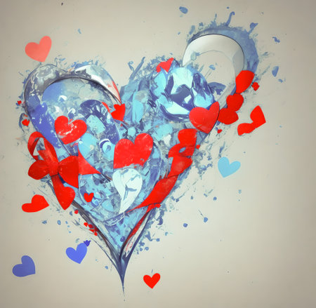 Watercolor painted heart with red and blue hearts on a gray background created with the help of artificial intelligence technologiesの素材