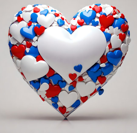 3d illustration of white heart with red and blue hearts on white background created with the help of artificial intelligence technologiesの素材