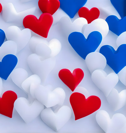 White, red and blue hearts on white background. 3d rendering created with the help of artificial intelligence technologiesの素材