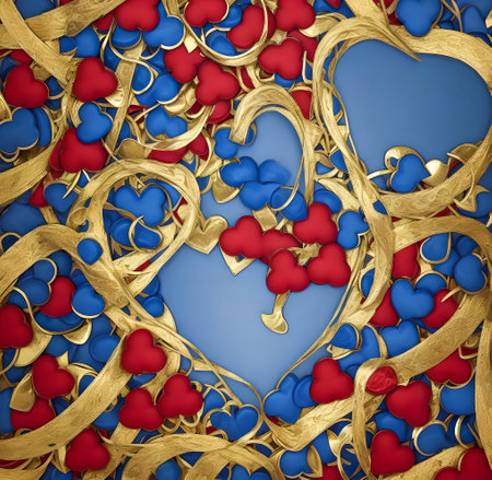 3D illustration of Valentine's Day background with hearts and gold ribbon created with the help of artificial intelligence technologiesの素材