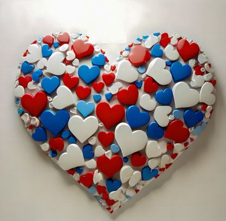 Red, white and blue hearts in a heart shape on a white background created with the help of artificial intelligence technologiesの素材