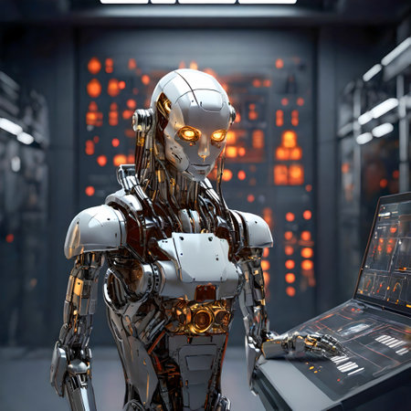 3d rendering of a female robot in a futuristic space station. created with the help of artificial intelligence technologiesの素材
