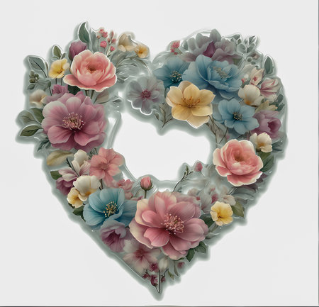 Floral heart with beautiful flowers in watercolor style on white background created with the help of artificial intelligence technologiesの素材