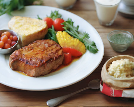 Pork steak with vegetables and corn on wooden table, selective focus created with the help of artificial intelligence technologiesの素材