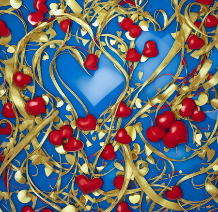 3d illustration of red hearts and golden ribbons on blue background created with the help of artificial intelligence technologiesの素材
