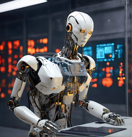 3D rendering humanoid robot working in a data center or information center created with the help of artificial intelligence technologiesの素材