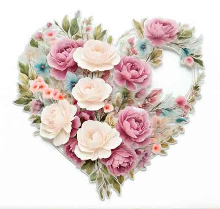 Heart shape made of pink and white flowers isolated on white background. created with the help of artificial intelligence technologiesの素材