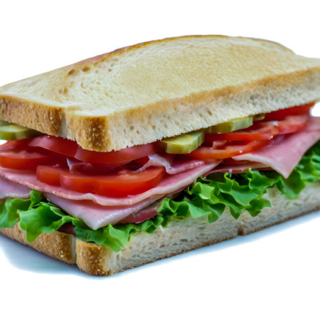 Sandwich with ham, tomato and lettuce on a white background. created with the help of artificial intelligence technologiesの素材