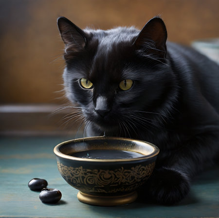 Black cat with a cup of tea on a dark wooden background. created with the help of artificial intelligence technologiesの素材