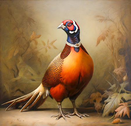 Pheasant on the background of autumn leaves. Digital painting. created with the help of artificial intelligence technologiesの素材