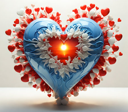 Valentine's day greeting card with heart and flowers. 3D rendering created with the help of artificial intelligence technologiesの素材