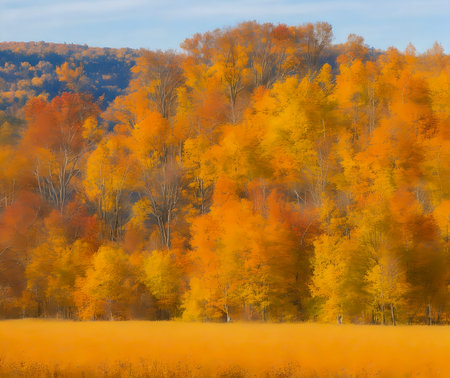 Autumn forest in the mountains on a background of blue sky. created with the help of artificial intelligence technologiesの素材