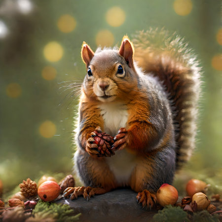 Cute squirrel with nuts and acorns in the forest. Animal portrait. created with the help of artificial intelligence technologiesの素材