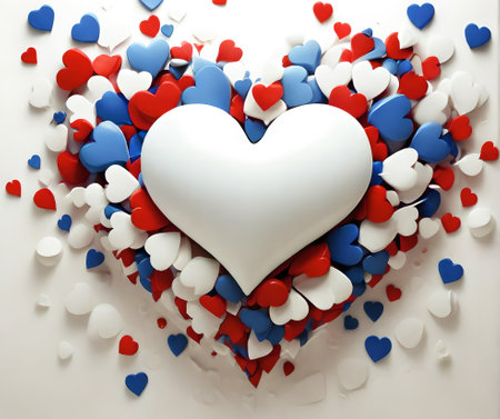 White heart with red and blue hearts on white background. 3d illustration created with the help of artificial intelligence technologiesの素材