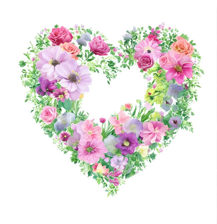 Beautiful watercolor heart shape with anemone flowers and leaves created with the help of artificial intelligence technologiesの素材