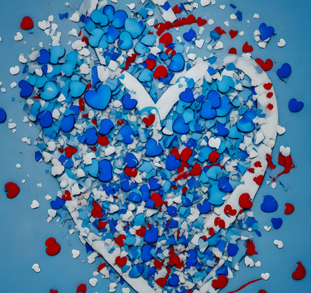 Blue and red hearts in the form of a heart on a blue background created with the help of artificial intelligence technologiesの素材