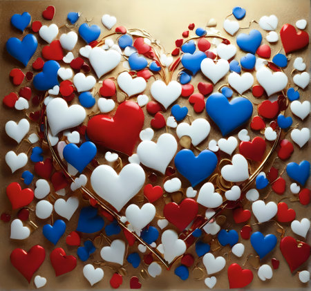 3d illustration of valentine's day background with red and blue hearts created with the help of artificial intelligence technologiesの素材