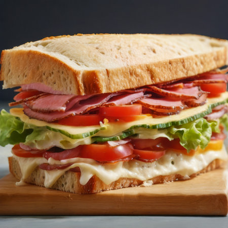 Sandwich with ham, cheese and vegetables on wooden board, closeup created with the help of artificial intelligence technologiesの素材