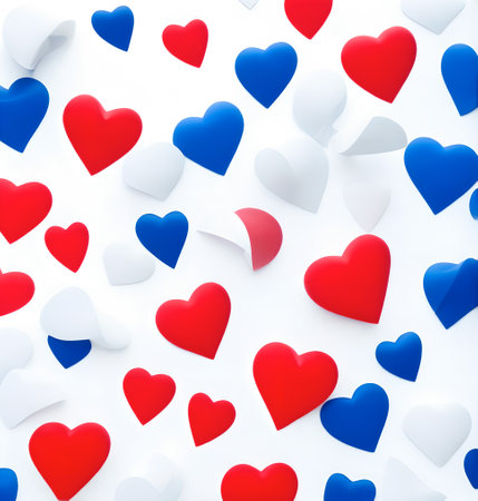 Red and blue hearts on a white background. 3d illustration. created with the help of artificial intelligence technologiesの素材