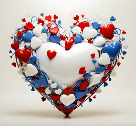 Valentine's day background with red, blue and white hearts created with the help of artificial intelligence technologiesの素材