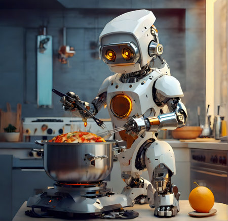 Robot in the kitchen with a pot of vegetables. 3d rendering. created with the help of artificial intelligence technologiesの素材