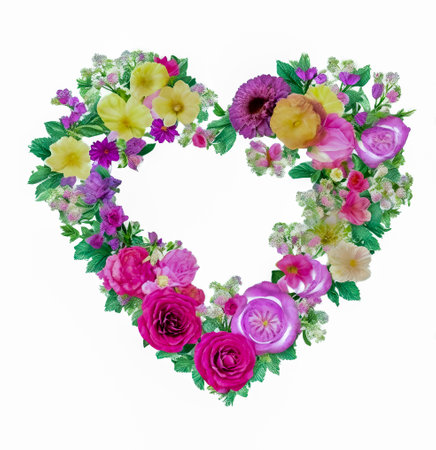Heart shape made of colorful flowers on white background, Valentine's day created with the help of artificial intelligence technologiesの素材