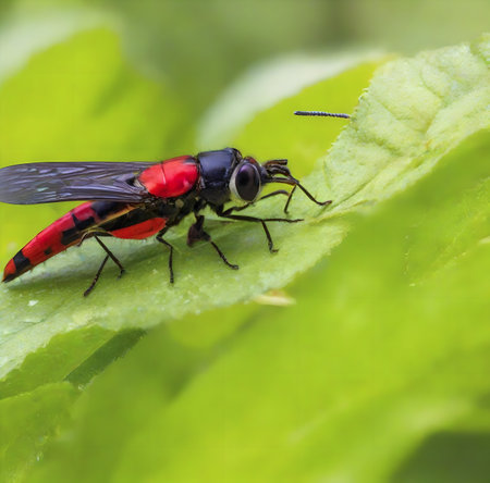 Macro shot of a red insect on a green leaf with copy space created with the help of artificial intelligence technologiesの素材