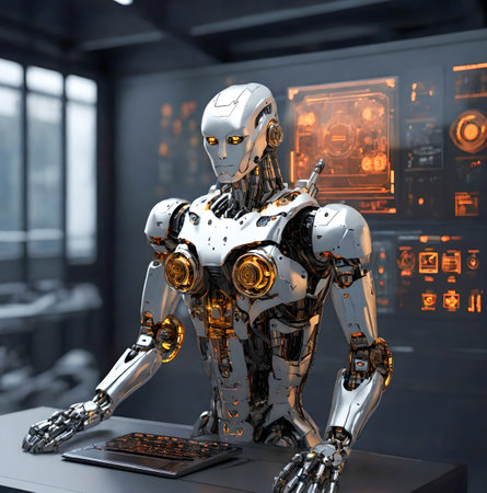 3d rendering robot working in a modern office with high tech background created with the help of artificial intelligence technologiesの素材