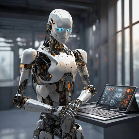 3d rendering humanoid robot working with a laptop in a modern officeの素材