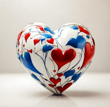 Colorful ceramic heart-shaped vase on a white background.の素材