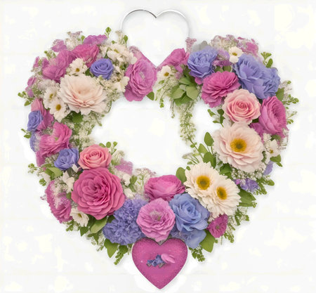Heart shaped flower wreath with roses and daisies on white backgroundの素材