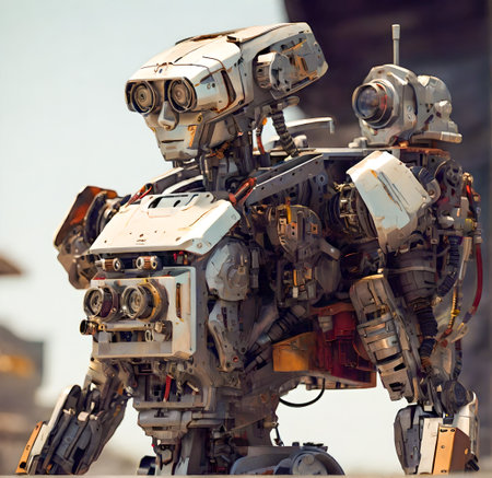 Vintage tin robot on the background of the bridge, close-up created with the help of artificial intelligence technologiesの素材