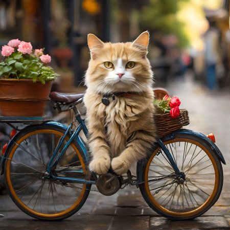 Beautiful ginger cat with a basket of flowers on a bicycle in the city created with the help of artificial intelligence technologiesの素材