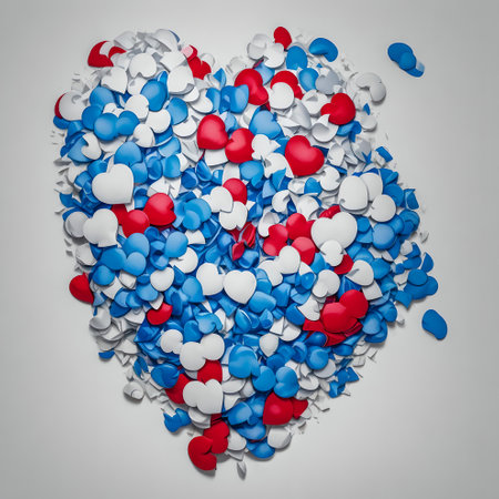 Heart made of red and blue hearts on gray background. 3d illustration created with the help of artificial intelligence technologiesの素材