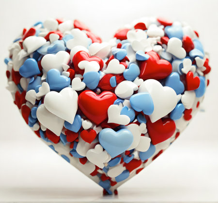 Red and blue hearts on a white background. 3D illustration. created with the help of artificial intelligence technologiesの素材