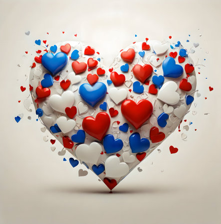 Valentine's day background with red, blue and white hearts created with the help of artificial intelligence technologiesの素材